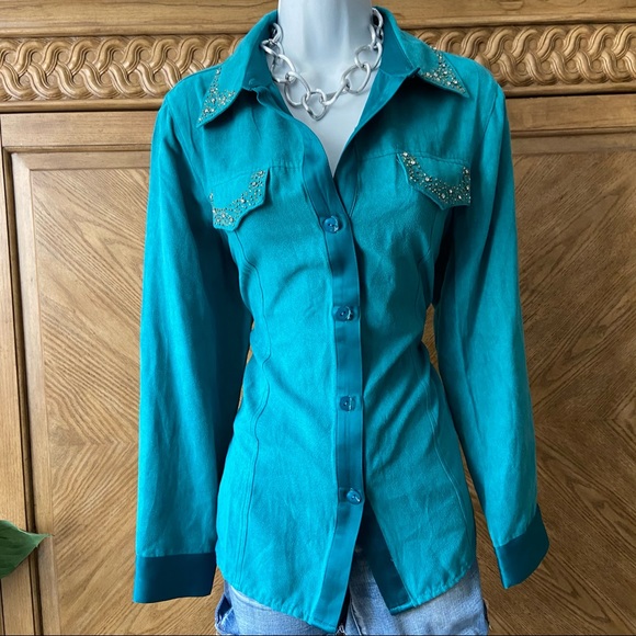 Drapers & Damons Vintage Green Faux Suede Blouse - Picture 1 of 9